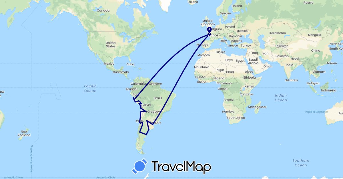 TravelMap itinerary: driving in Argentina, Chile, France, Peru (Europe, South America)